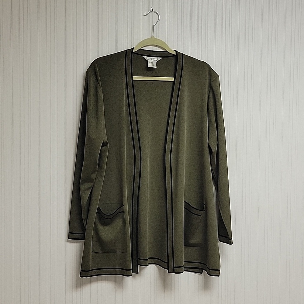 Misook olive black trim cardigan XL Grandma old money quiet luxury office